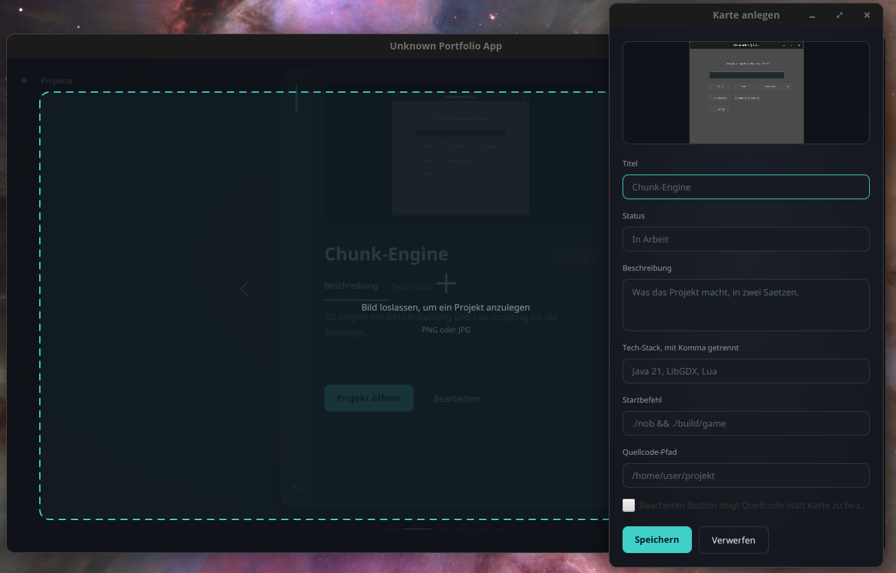 PortfolioLauncher während des Drag-and-Drop-Vorgangs mit geöffnetem Karteneditor