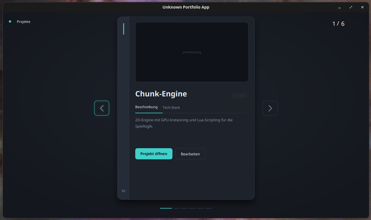 PortfolioLauncher mit einer Projektkarte für die Chunk-Engine